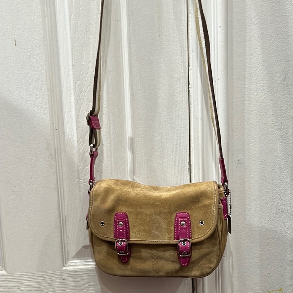 Coach Tan and Pink Crossbody Bag with Metallic Accents